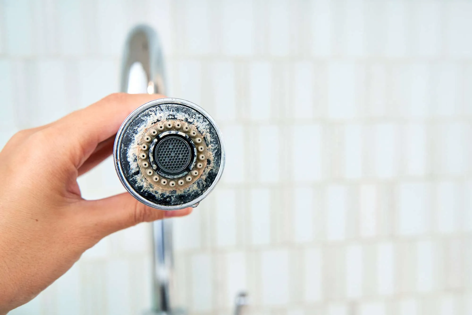 A woman is holding a chrome faucet covered with hard water build-up