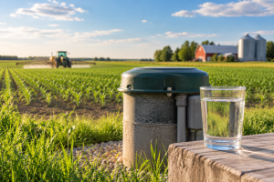 Private well and glass of clear drinking water overlooking a rural Saskatchewan farm field, illustrating nitrate concerns in well water.