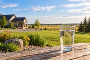 Clear glass of drinking water overlooking a rural Saskatchewan property, representing safe hauled water storage and cistern maintenance.