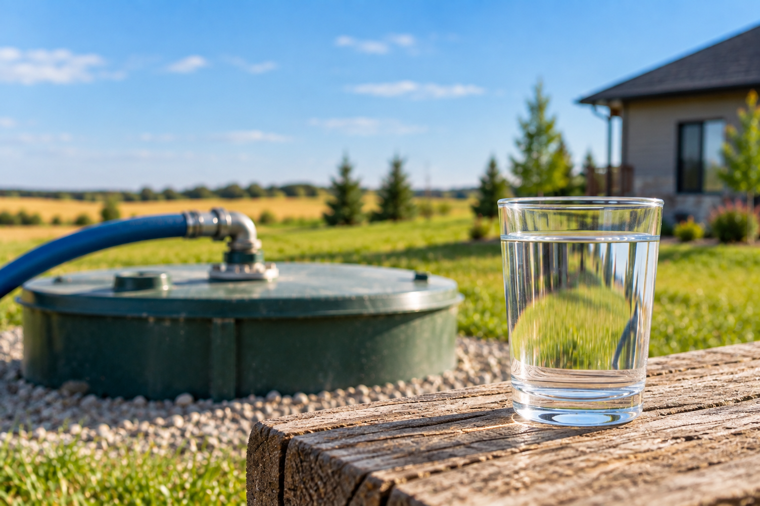 Clear glass of drinking water beside a cistern on a rural Saskatchewan property.